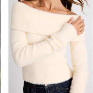 Ravenna Ivory Eyelash Knit Off-the-Shoulder Sweater Top Lulus SMALL ONLY